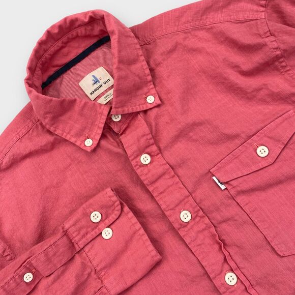 $115 Johnnie O Hangin Out Mens Small Brodie Pink Red Woven Textile Button Down - Picture 1 of 11
